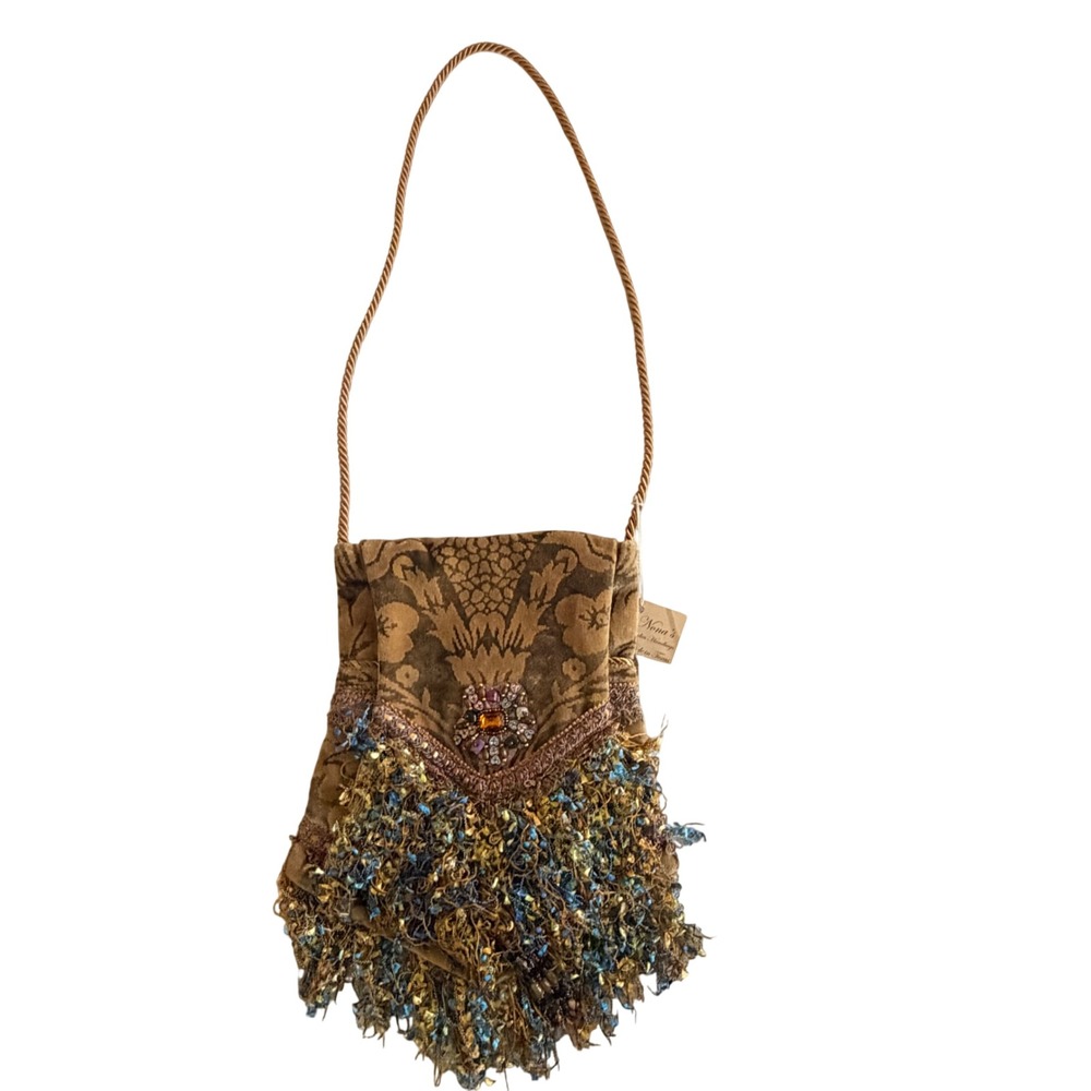 VTG Nona's Handbag Made In Texas Tapestry Velvet Beaded Eyelash Fringe Purse NWT